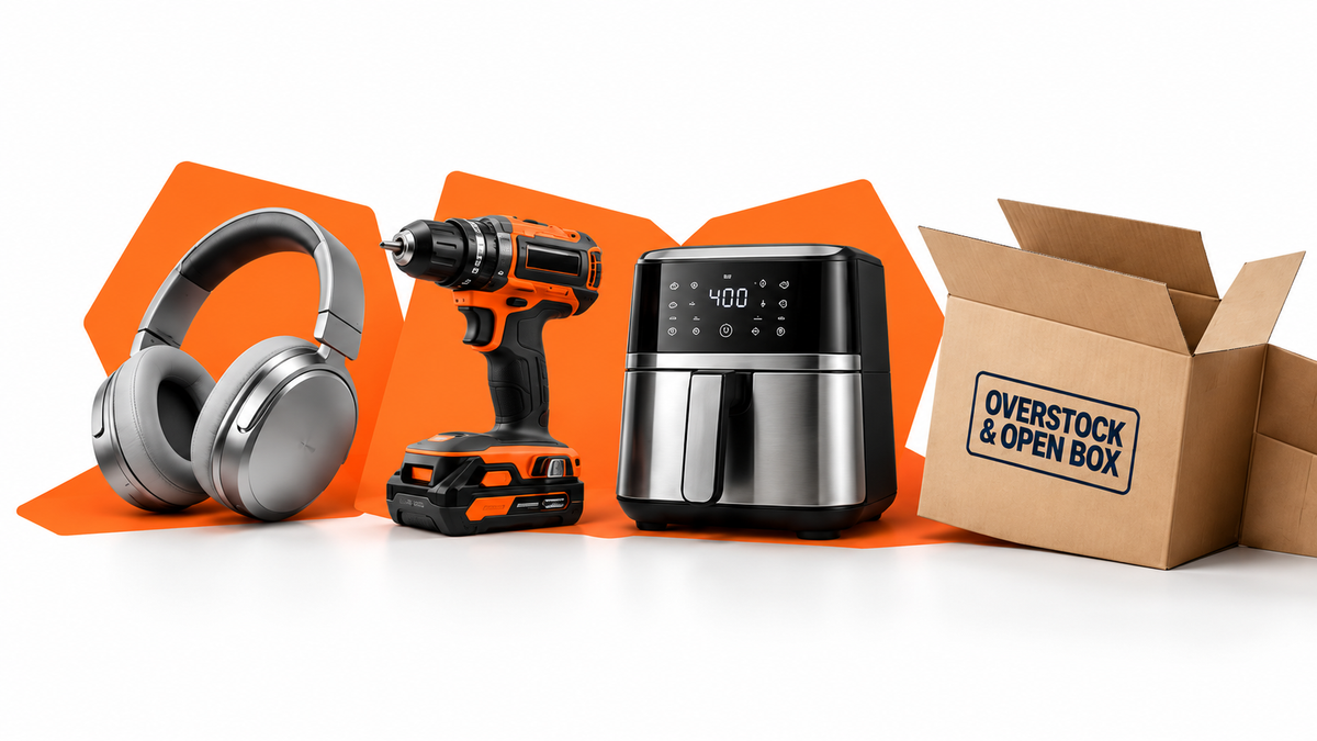 Illustrative overstock assortment with headphones, a drill, an air fryer and an open box