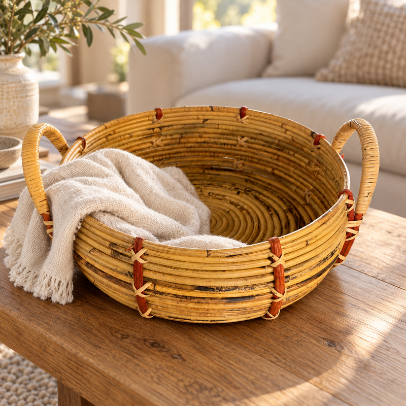 AI-staged basket in living room; accessories not included