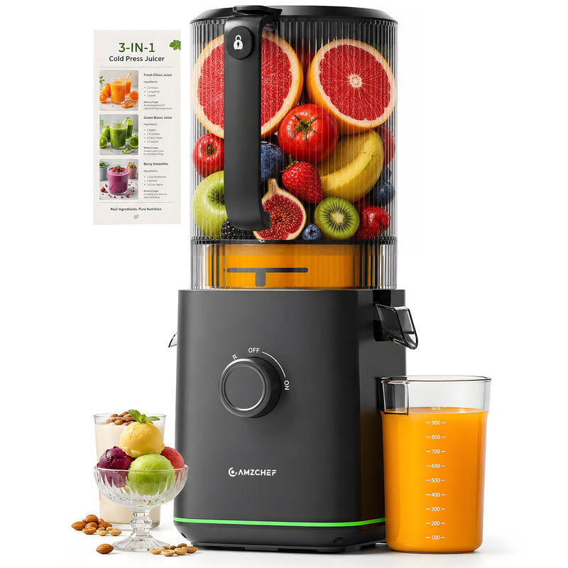 AMZCHEF black 3-in-1 cold press juicer — manufacturer reference photo