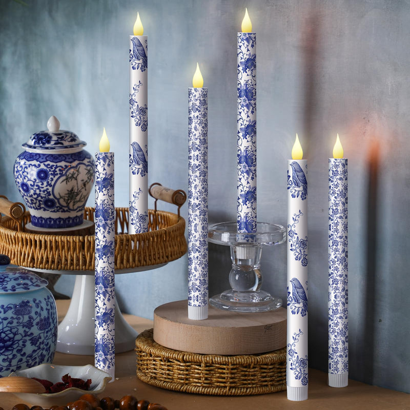 Baquler blue and white Chinoiserie flameless taper candles, set of 6 — manufacturer reference photo
