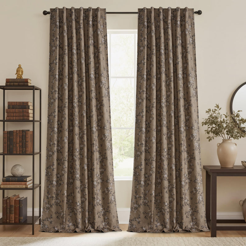 StangH Linen Blackout Curtains – Khaki Floral, 52" x 96", 2 Panels – Open Box