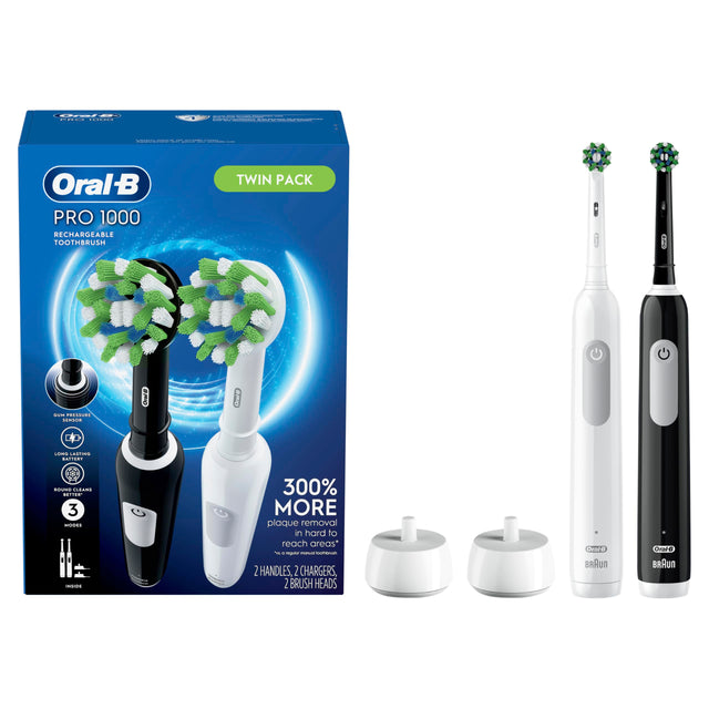 Oral-B Pro 1000 black and white twin pack — manufacturer reference image