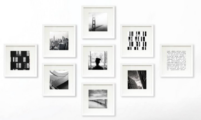 (Set of 9) 8" x 8" Matted White Gallery Frames