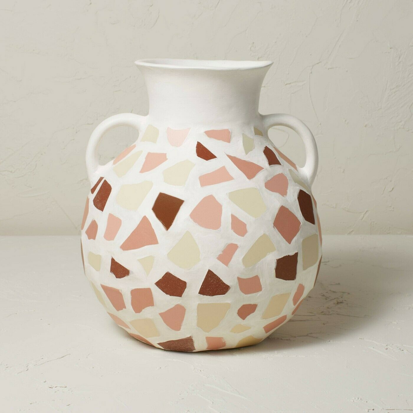 12.5" x 11.5" Round Mosaic Vase with Handles White/Brown