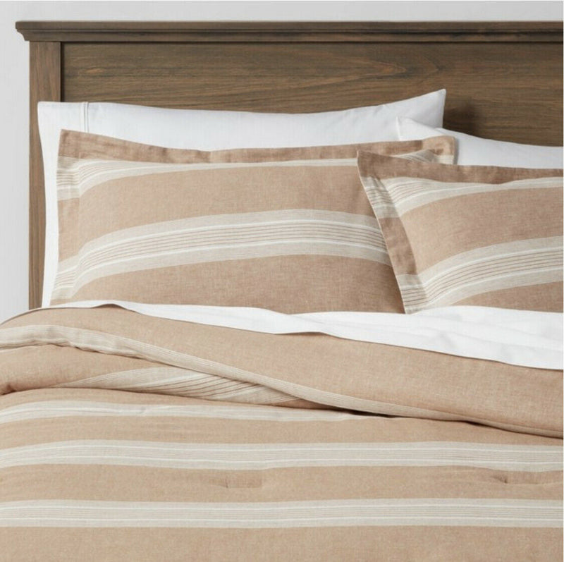 Full Queen Chambray Yarn Dye Stripe Comforter & Sham Set Beige