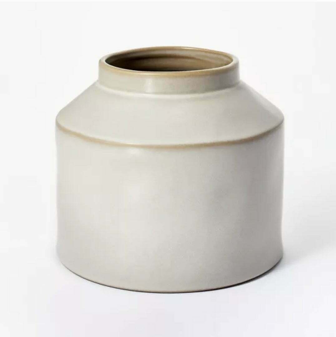 Carved Ceramic Vase Gray Round Decorative Piece 7in x 8in